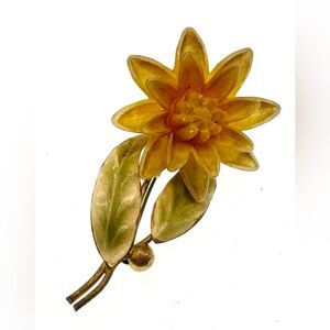 Vintage Gold Tone Celluloid Flower Pin
Enameled Leaves Brooch Pin MCM